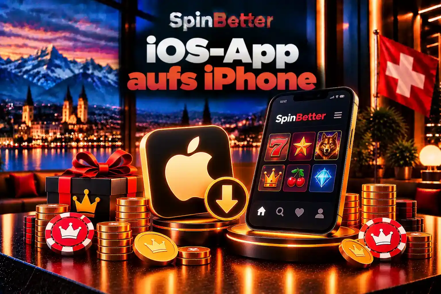 iPhone mit Apple-Symbol und Download-Pfeil neben der SpinBetter Oberfläche