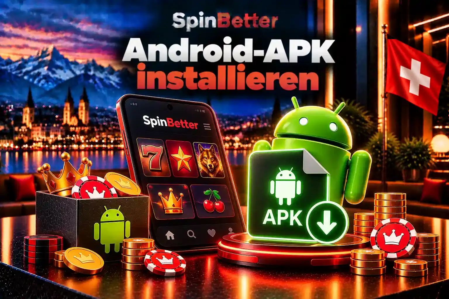 Android-Smartphone mit APK-Symbol und Download-Pfeil für die SpinBetter App