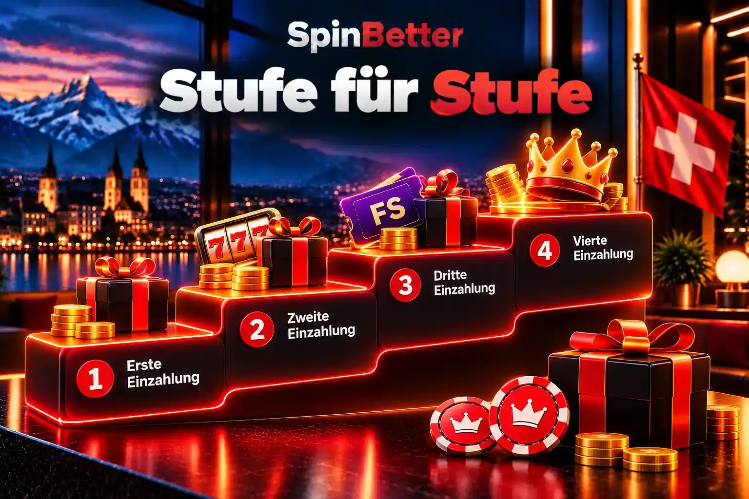 Treppe mit vier Stufen für die vier Einzahlungen des Willkommenspakets von SpinBetter