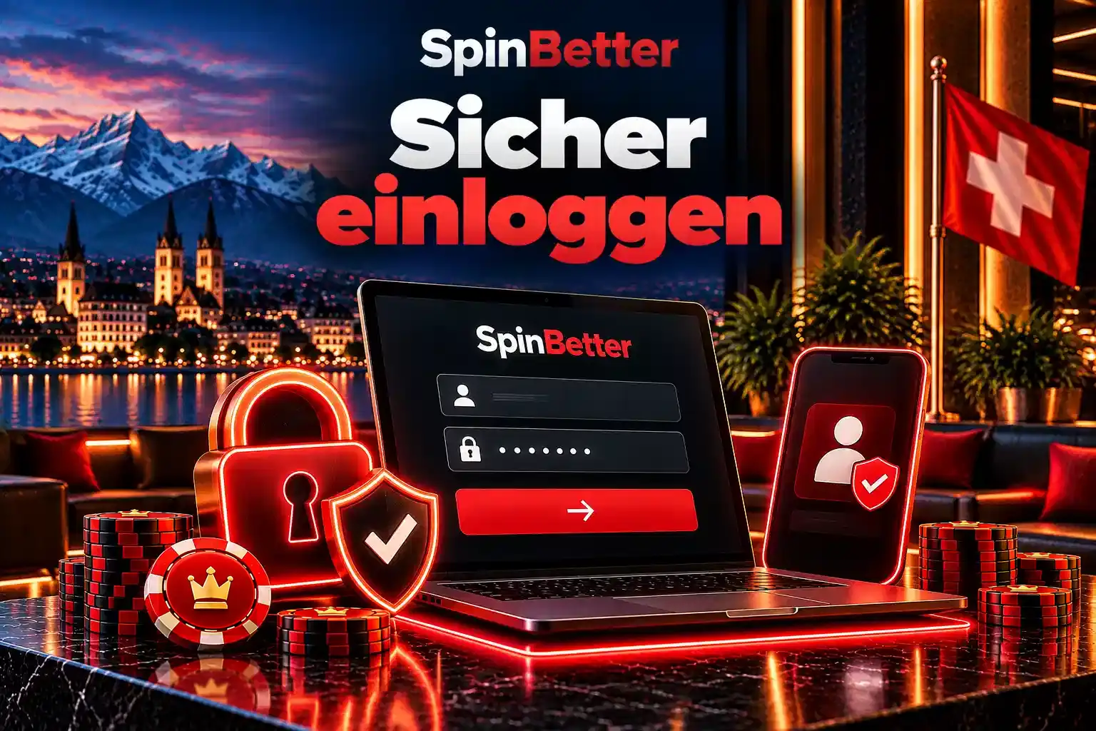 Anmeldemaske von SpinBetter am Laptop mit Schloss-Symbol für den sicheren Zugang