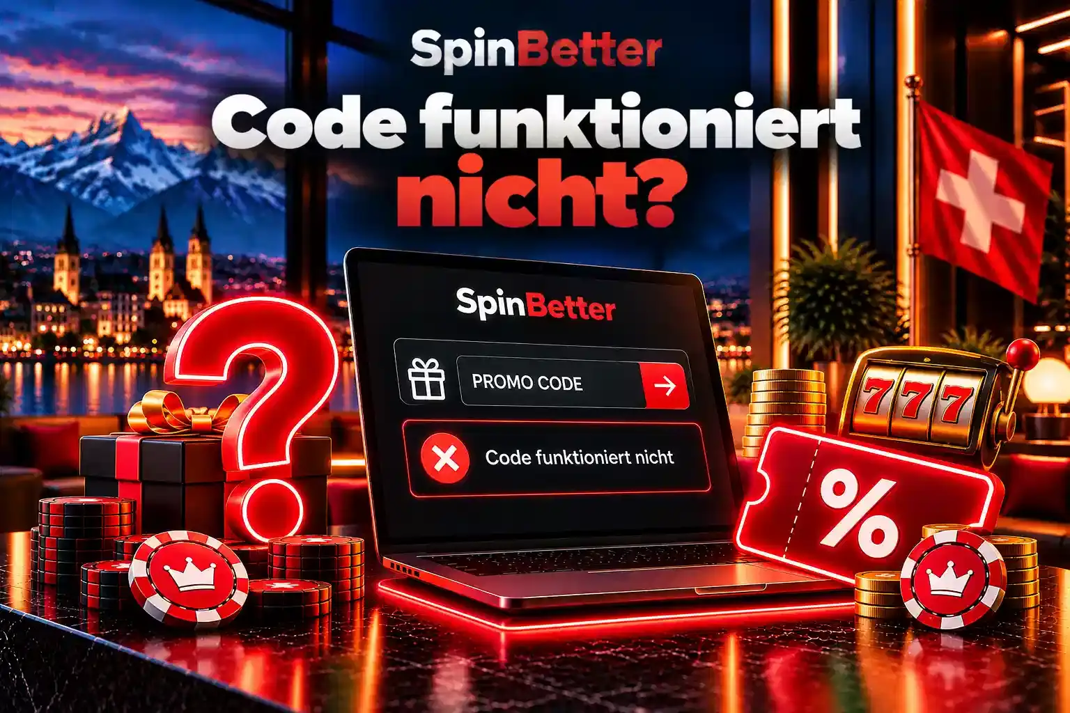 Fehlermeldung zu einem Code im Aktionsfeld von SpinBetter auf dem Laptop